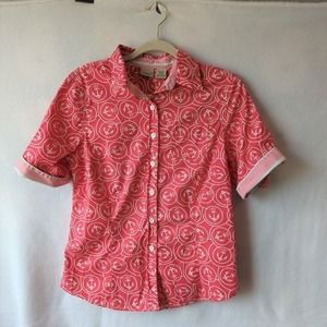 LL Bean Top Womens Small Nautical Blouse Shirt Anchor Print Short Sleeve